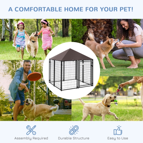 PawHut Outdoor Dog Kennel, Welded Wire Steel Fence, Lockable Pet Playpen Crate, with Water-, UV-Resistant Canopy Top, Door, 4.6ft x 4.6ft x 5ft, Black