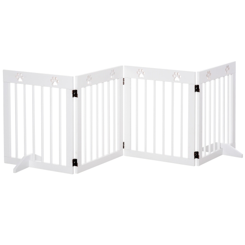 PAWHUT  " Freestanding Pet Gate 4 Panel Wooden Dog Barrier Folding Safety Fence \w Support Feet Up to 80.25"" Long 24"" Tall for Doorway Stairs White"