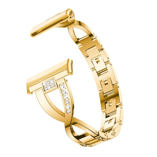 StrapsCo Metal Alloy and Rhinestone Bracelet with X Links for Fitbit Versa 3 - Yellow Gold