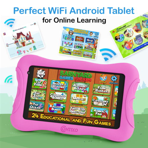 Contixo Kids Tablet V10+, 7-inch HD, ages 3-7, Toddler Tablet with Camera, Parental Control, Android 10, 32GB, WiFi-pink