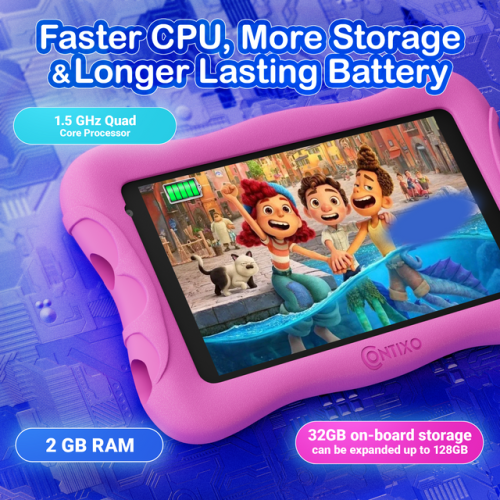 Contixo Kids Tablet V10+, 7-inch HD, ages 3-7, Toddler Tablet with Camera, Parental Control, Android 10, 32GB, WiFi-pink