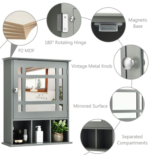Gymax Mirrored Medicine Cabinet Bathroom Wall Mounted Storage W/Adjustable Shelf