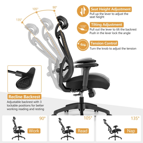 Gymax Reclining Mesh Office Chair Swivel Chair w/ Adjustable Lumbar Support