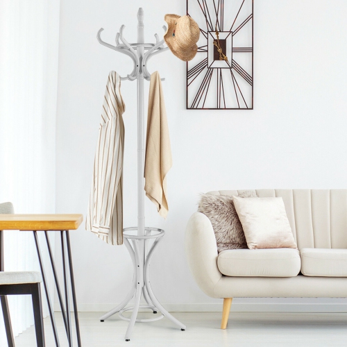 Gymax Wood Standing Hat Coat Rack Jacket Bag Hanger Tree 12 Hooks w/ Umbrella Stand