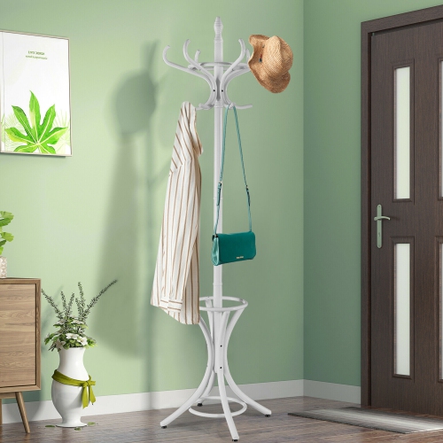 Gymax Wood Standing Hat Coat Rack Jacket Bag Hanger Tree 12 Hooks w/ Umbrella Stand