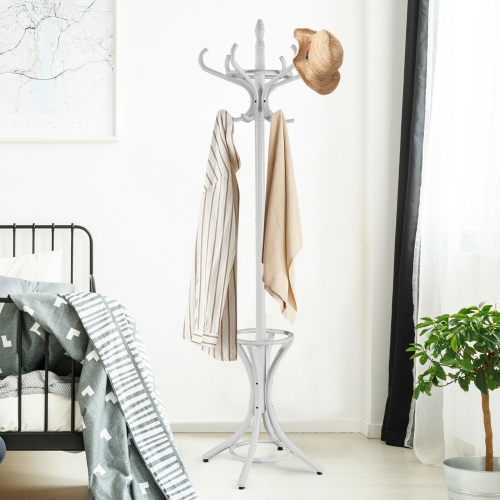 Gymax Wood Standing Hat Coat Rack Jacket Bag Hanger Tree 12 Hooks w/ Umbrella Stand