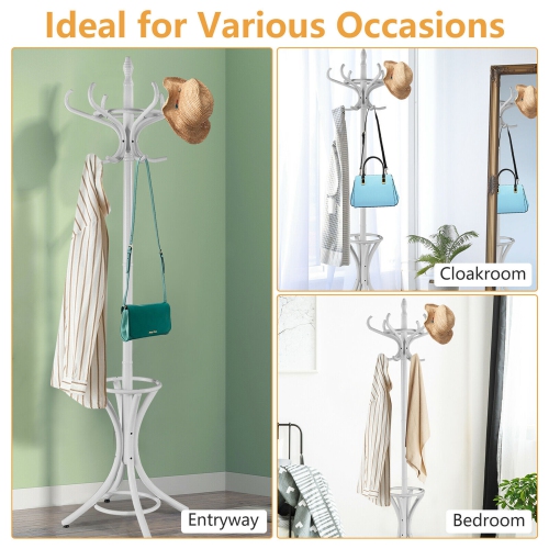 Gymax Wood Standing Hat Coat Rack Jacket Bag Hanger Tree 12 Hooks w/ Umbrella Stand