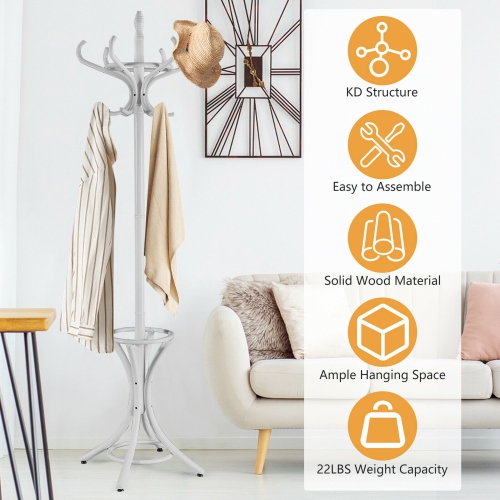 Gymax Wood Standing Hat Coat Rack Jacket Bag Hanger Tree 12 Hooks w/ Umbrella Stand