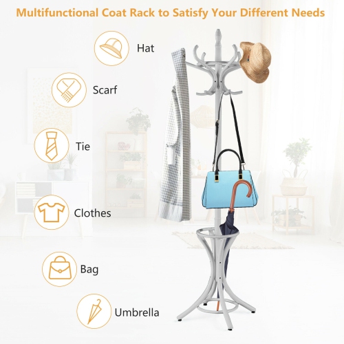 Gymax Wood Standing Hat Coat Rack Jacket Bag Hanger Tree 12 Hooks w/ Umbrella Stand