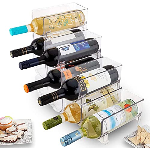 JINAMART Wine Bottle Organizer Stackable Clear Plastic Wine Rack Holder for Fridge Pantry Countertop Kitchen Table Top Free-Standing Storage for 4