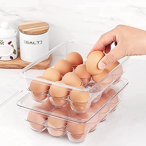 JinaMart Fridge Bin Egg Holder | Stackable BPA-Free Plastic Egg Holders with Lid for Refrigerator | Deviled Egg Storage Tray/Drawer for Fridge,
