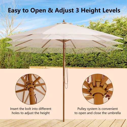 10FT Patio Wooden Market Table Umbrella Pulley w/8 Bamboo Ribs Sunshade Canopy