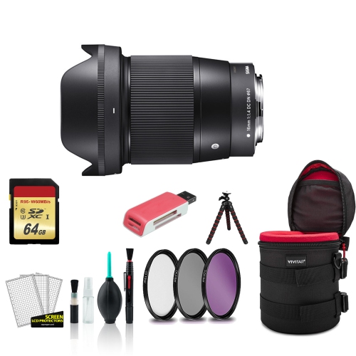 Sigma 16mm Contemporary Lens for Canon f/1.4 DC DN for Canon EF-M with Filter Kit + 64GB Memory Card + More