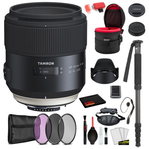 Tamron SP 45mm f/1.8 Di VC USD Lens for Nikon F with Bundle Includes: Vivtar Padded Lens Case, 3PC Filter Kit + More