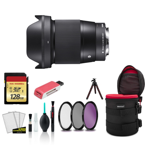 Sigma 16mm Contemporary Lens for Canon f/1.4 DC DN for Canon EF-M with 128GB Memory Card + Padded Case + More