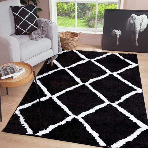 JV Home – Trellis à poils longs doux | moelleux | Tapis à poils longs pour le salon 3 pi 3 po x 5 pi, noir/blanc