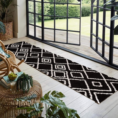 JV Home Moroccan Trellis Shag Collection Soft | Plush | High Pile Runner Rug for Hallway, Kitchen 2'7" x 9' Black / White