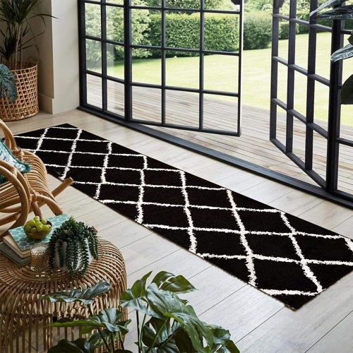 JV Home – Trellis à poils longs doux | moelleux | Tapis de passage à poils longs pour couloir, cuisine 2 pi 7 po x 9 pi, noir/blanc