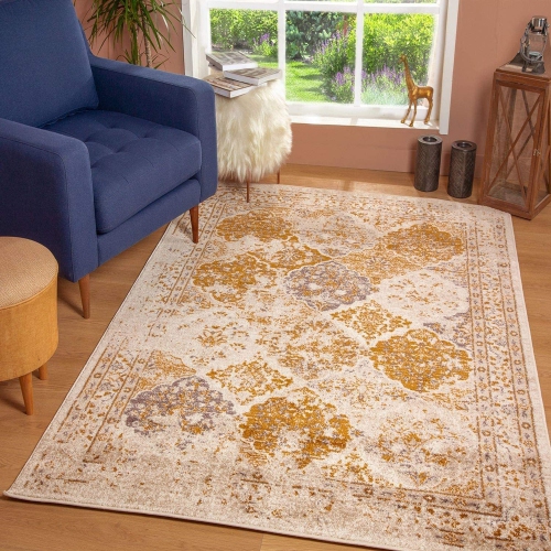 JV Home Vintage Collection aspect vieilli | Tapis transitionnel chic pour le salon 3 pi 3 po x 5 pi Beige / Brun / Crème