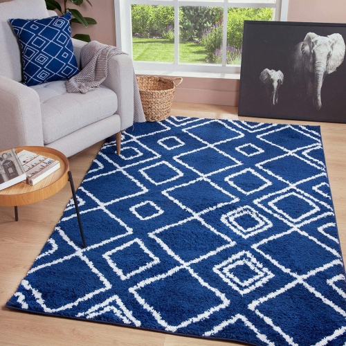 JV Home – Trellis marocain à poils longs doux | moelleux | Tapis à poils longs pour le salon 3 pi 3 po x 5 pi, bleu foncé/blanc