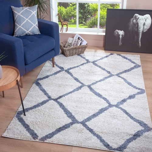 JV Home – Trellis à poils longs doux | moelleux | Tapis à poils longs pour le salon 3 pi 3 po x 5 pi Crème/Gris foncé