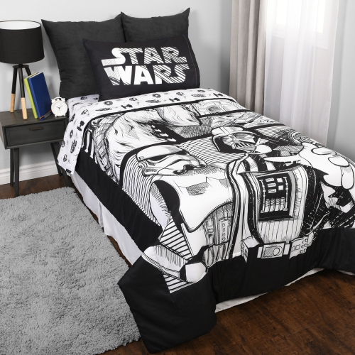 Star Wars Comic Book Kids Bedding Sheet Set with Reversible Comforter Bed in Bag 4 Pcs Set for Kids