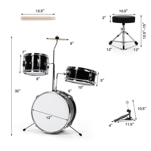 Gymax 13 Inch 3-Piece Kids Junior Beginner Drum Set w/Tom Snare Bass Drum