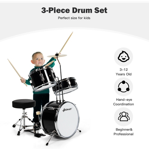 Gymax 13 Inch 3-Piece Kids Junior Beginner Drum Set w/Tom Snare Bass Drum