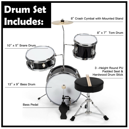 Gymax 13 Inch 3-Piece Kids Junior Beginner Drum Set w/Tom Snare Bass Drum