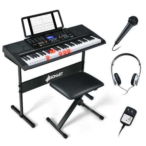 Gymax 61-Key Electronic Keyboard Piano Set w/Lighted Key LCD Screen Stand Bench