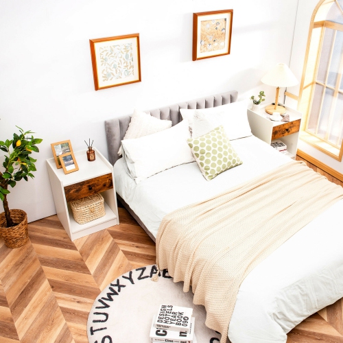 Gymax Set of 2 Nightstand with Drawer Cabinet End Side Table Raised Top