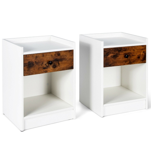 Gymax Set of 2 Nightstand with Drawer Cabinet End Side Table Raised Top