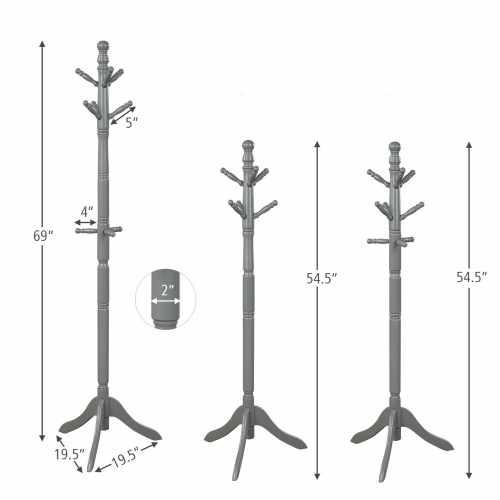 Gymax Wooden Coat Rack Hanger Hall Tree Entryway w/ 9 Hooks 2 Heights Grey
