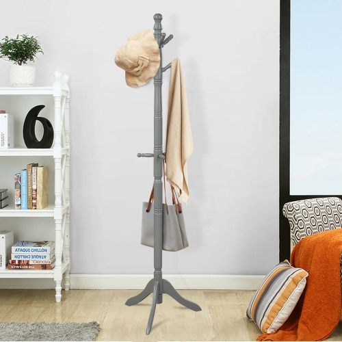 Gymax Wooden Coat Rack Hanger Hall Tree Entryway w/ 9 Hooks 2 Heights Grey