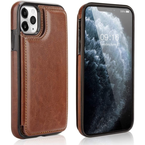 Loris & Case High Quality Leather Back Case Kickstand Shockproof Protective Card Holder Wallet Cover Case for iPhone 13 -Brown