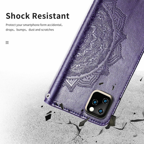 MyCase Wallet Case Emboss Mandala Flower Pattern Flip Case PU Leather Magnetic Kickstand Cover with Card Slots Shockproof Protective Cover for iPhone