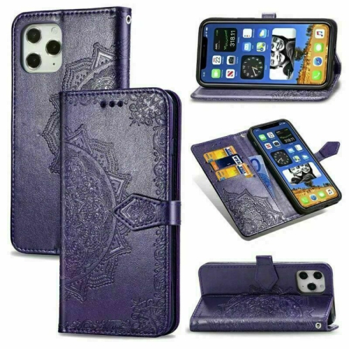 MyCase Wallet Case Emboss Mandala Flower Pattern Flip Case PU Leather Magnetic Kickstand Cover with Card Slots Shockproof Protective Cover for iPhone