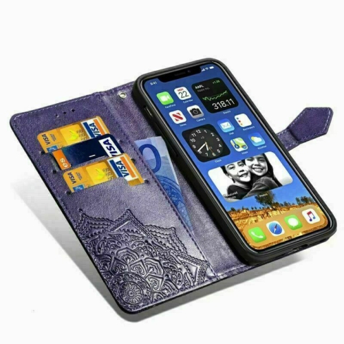 MyCase Wallet Case Emboss Mandala Flower Pattern Flip Case PU Leather Magnetic Kickstand Cover with Card Slots Shockproof Protective Cover for iPhone