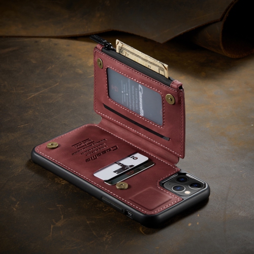 CaseMe Leather Zipper Wallet Card Slot Double Magnetic Clasp Shockproof Back Case Cover for iPhone 13 -Red