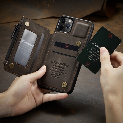 CaseMe Leather Zipper Wallet Card Slot Double Magnetic Clasp Shockproof Back Case Cover for iPhone 13 PRO -Brown