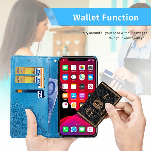 MyCase Wallet Case Emboss Mandala Flower Pattern Flip Case PU Leather Magnetic Kickstand Cover with Card Slots Shockproof Protective Cover for iPhone