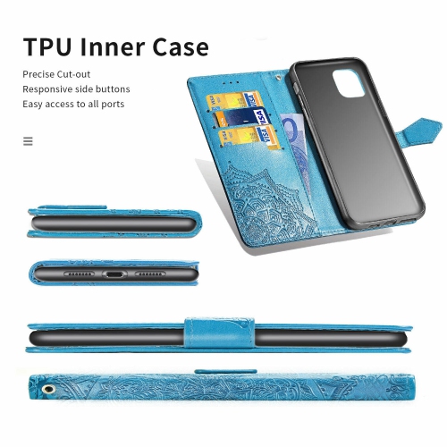 MyCase Wallet Case Emboss Mandala Flower Pattern Flip Case PU Leather Magnetic Kickstand Cover with Card Slots Shockproof Protective Cover for iPhone