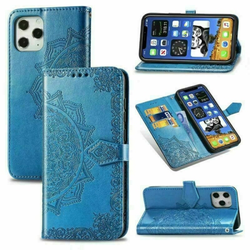 MyCase Wallet Case Emboss Mandala Flower Pattern Flip Case PU Leather Magnetic Kickstand Cover with Card Slots Shockproof Protective Cover for iPhone