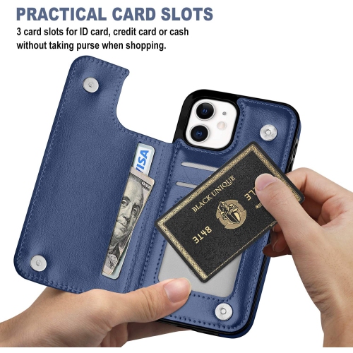 Loris & Case High Quality Leather Back Case Kickstand Shockproof Protective Card Holder Wallet Cover Case for iPhone 13 -Blue