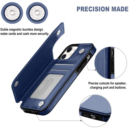 Loris & Case High Quality Leather Back Case Kickstand Shockproof Protective Card Holder Wallet Cover Case for iPhone 13 -Blue