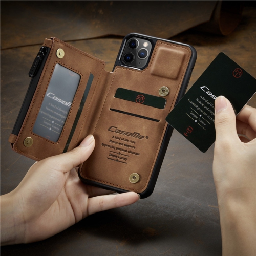 CaseMe Leather Zipper Wallet Card Slot Double Magnetic Clasp Shockproof Back Case Cover for iPhone 13 -Coffee