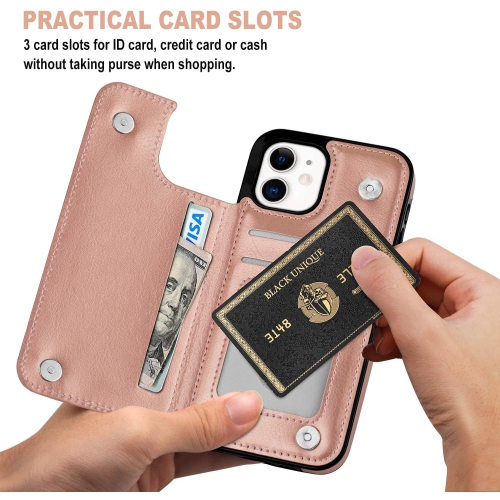 Loris & Case High Quality Leather Back Case Kickstand Shockproof Protective Card Holder Wallet Cover Case for iPhone 13 -Pink