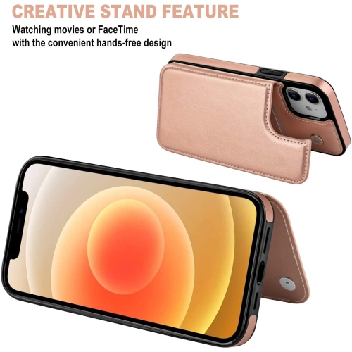 Loris & Case High Quality Leather Back Case Kickstand Shockproof Protective Card Holder Wallet Cover Case for iPhone 13 -Pink