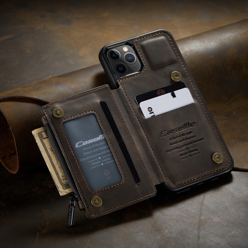CaseMe Leather Zipper Wallet Card Slot Double Magnetic Clasp Shockproof Back Case Cover for iPhone 13 -Brown