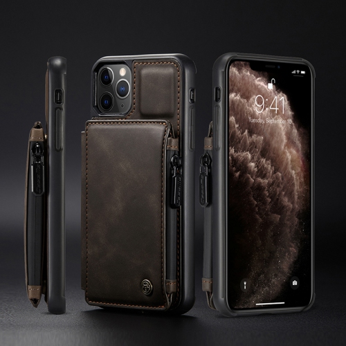 CaseMe Leather Zipper Wallet Card Slot Double Magnetic Clasp Shockproof Back Case Cover for iPhone 13 -Brown